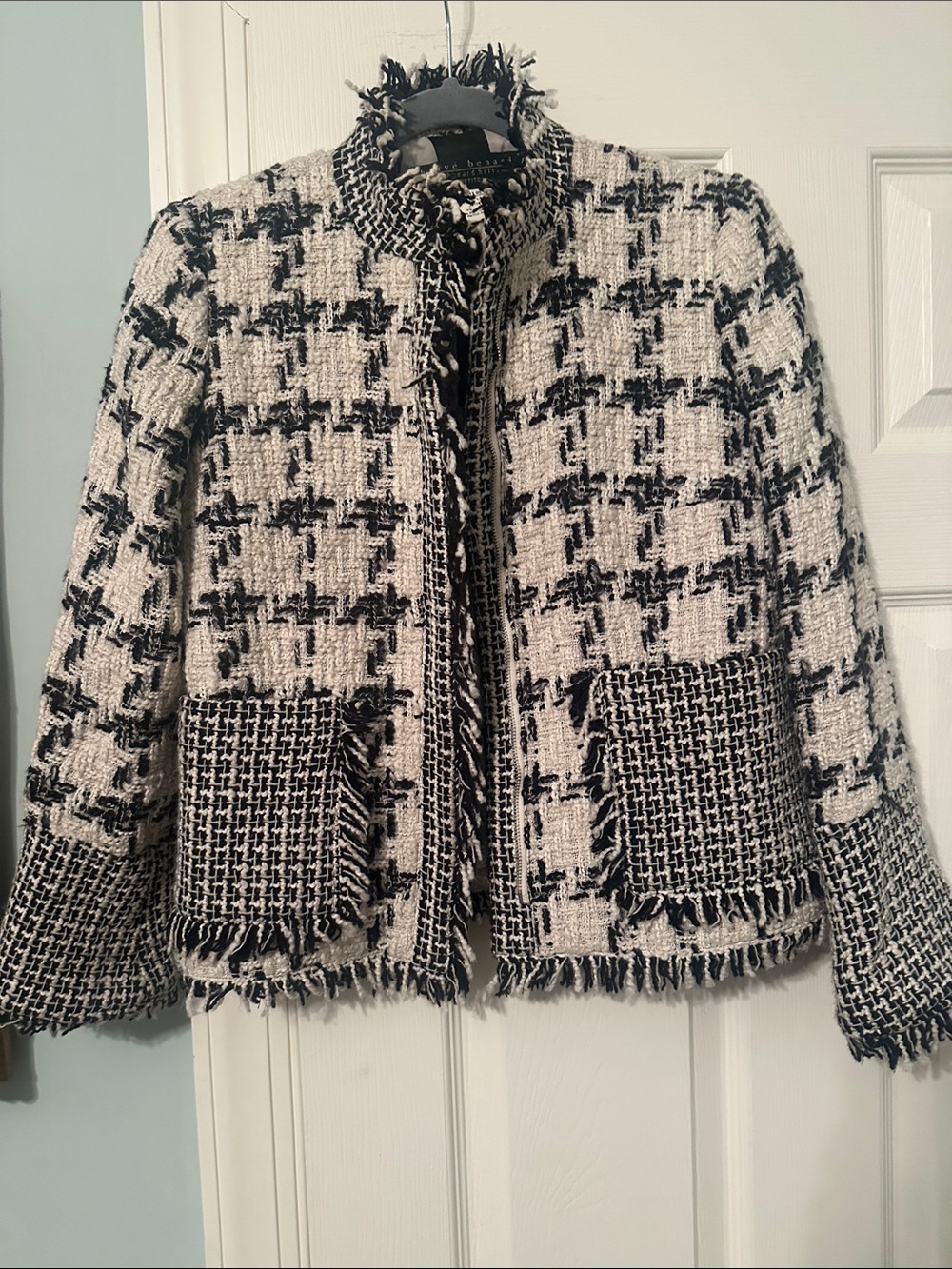 Harve Benard Black and White Tweed Fringe Jacket